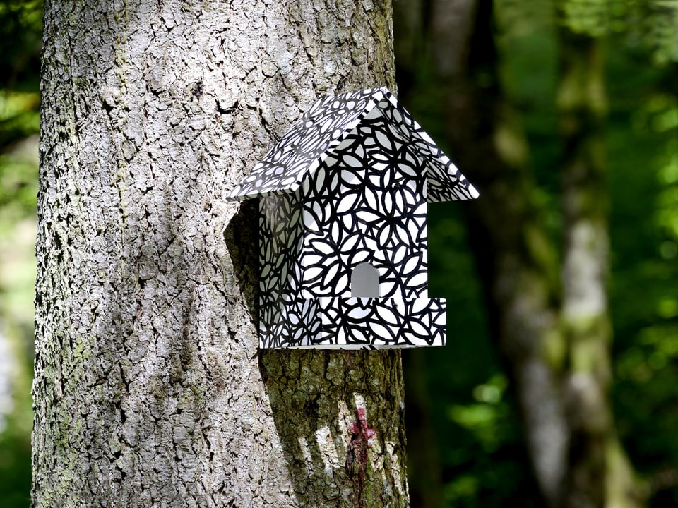 Ein schwarz-weisses Vogelhaus an einem Baum.