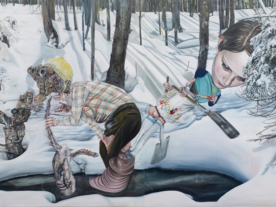 Ölgemälde: Realistische Winterlandschaft mit zwei seltsam verzerrten und umschlunegnen Figuren.