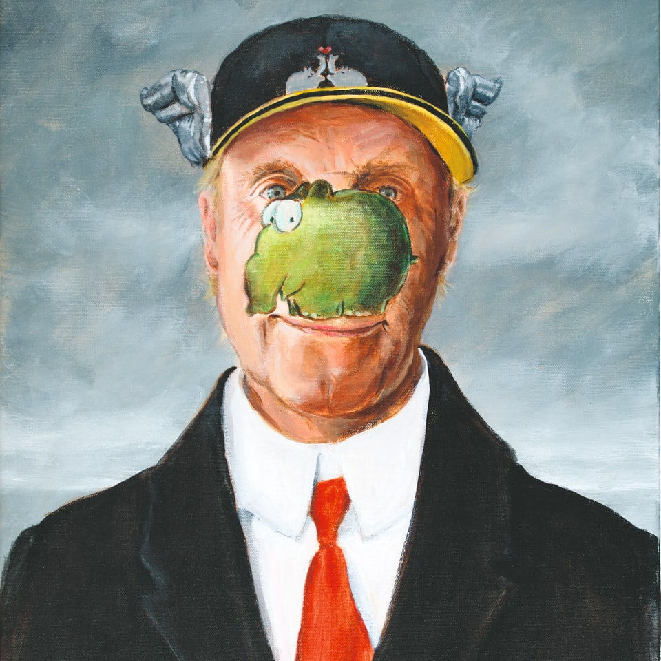Gemälde eines Mannes mit Kappe, schwarzem Anzug und roter Krawatte. Vor seinem Gesicht schwebt ein grüner Ottifant.