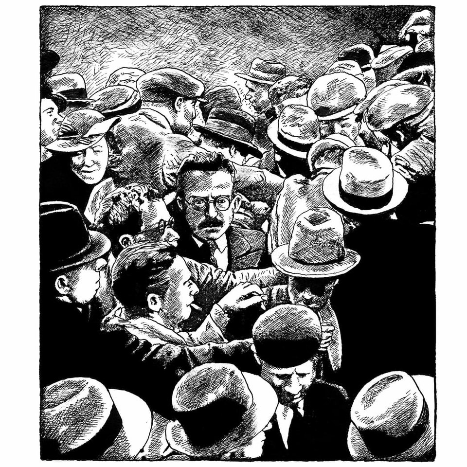 Schwarzweiss-Zeichnung: Ein Mann mitten in einer Menschenmenge