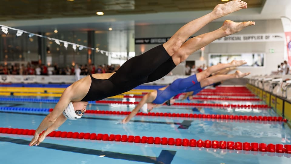 Schwimmerinnen springen an der Schweizermeisterschaft in Uster ins Wasser.