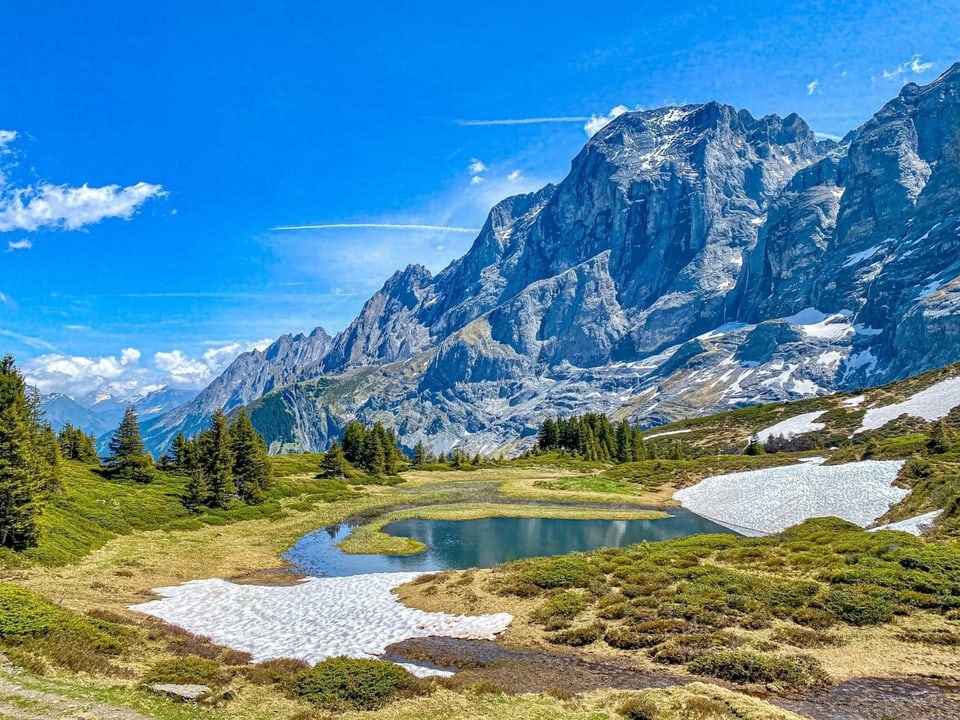 Grosse Scheidegg/BE Berge unter blauem Himmel mit wenigen Wolken.