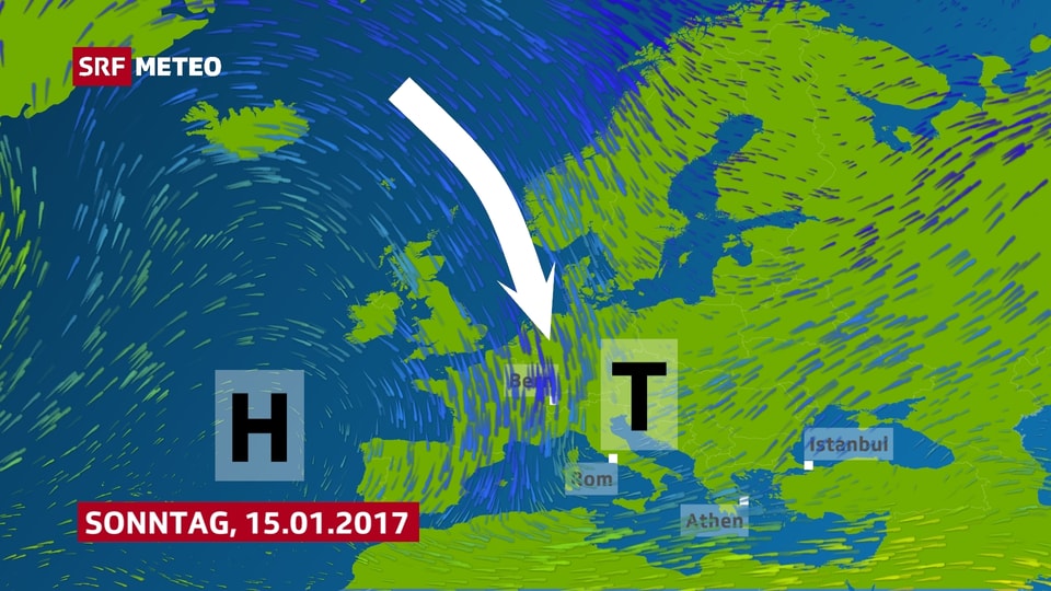 Das Hoch über dem Atlantik bleibt am Wochenende und in der neuen bestehen. Mit einem Pfeil wird verdeutlicht, wie kalte Luft von Nordeuropa in den Süden zieht.