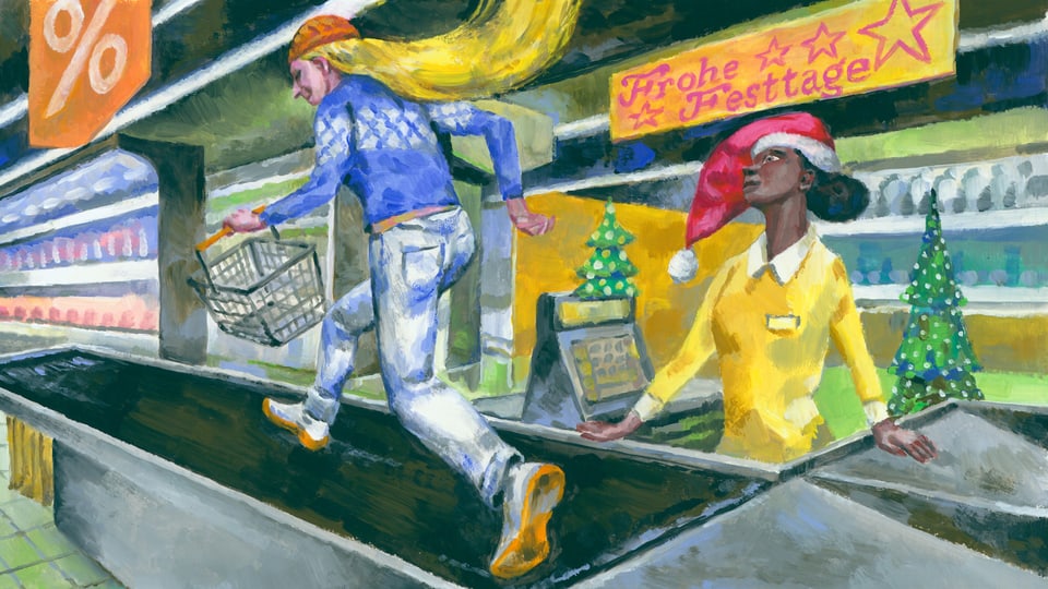 Illustration einer Supermarkt-Kasse. Eine Kundin läuft auf dem Kassenband wie auf einem Laufband.