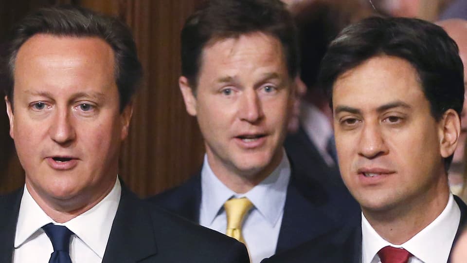 Portrait mit David Cameron, Ed Miliband und Nick Clegg.