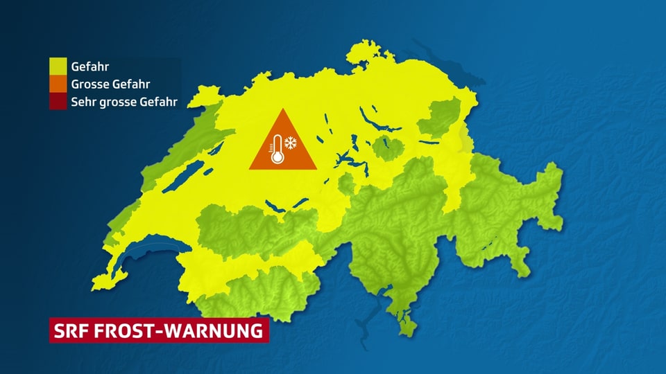 Karte der Schweiz. Weite Teile sind gelb markiert, was die Gefahr von Bodenfrost anzeigt. 