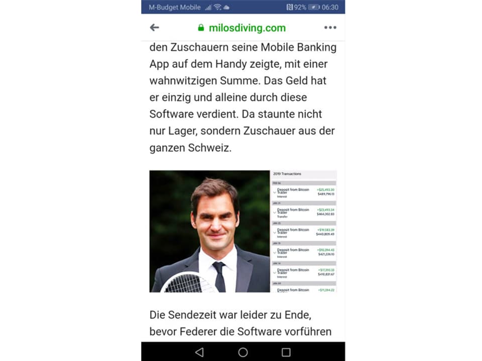 Screenshot mit Roger Federer und Auszug aus Online-Banking-App.
