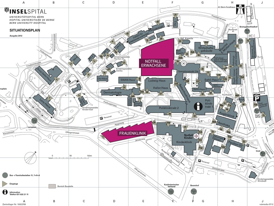 Plan des Inselspitals mit allen Gebäuden.