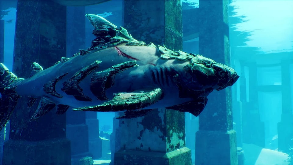 Ein Haifisch mit einer Art antiker Panzerung.