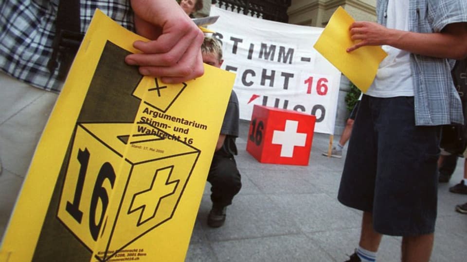 Jugendliche vor Bundeshaus mit Plakat "Stimmrechtsalter 16"