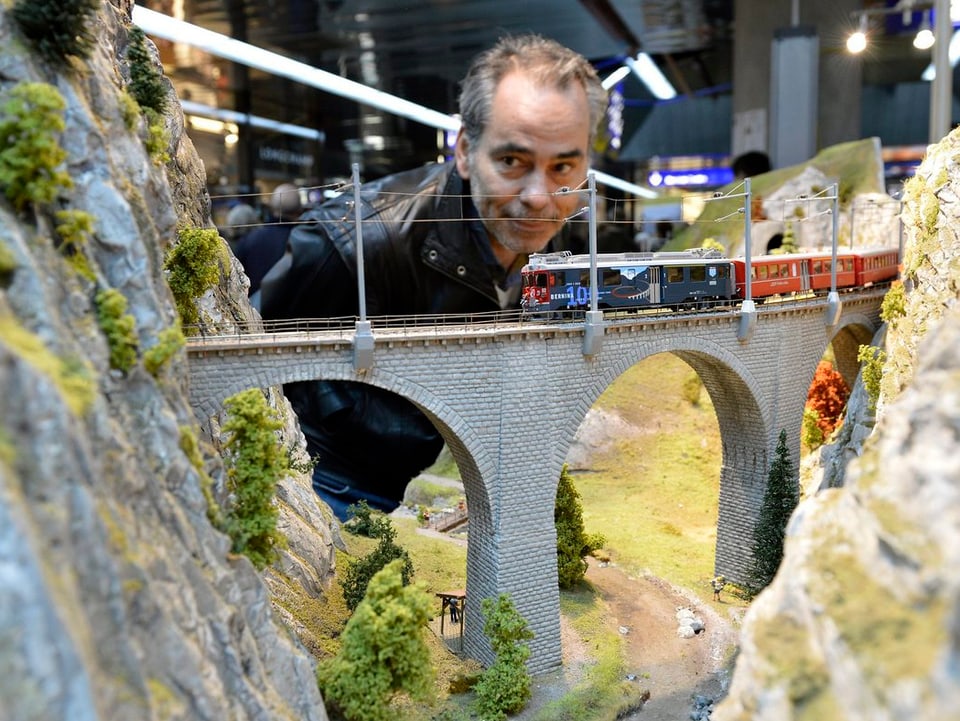 Bogenbrücke einer Modelleisenbahnanlage mit Zugskomposition in Grossaufnahme, dahinter der Kopf eines interessierten Zuschauers.