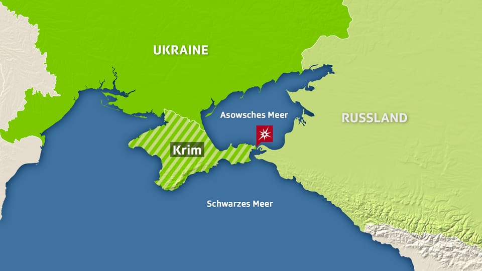 Karte auf der die Ukraine, Russland und die Halbinsel Krim eingezeichnet sind.