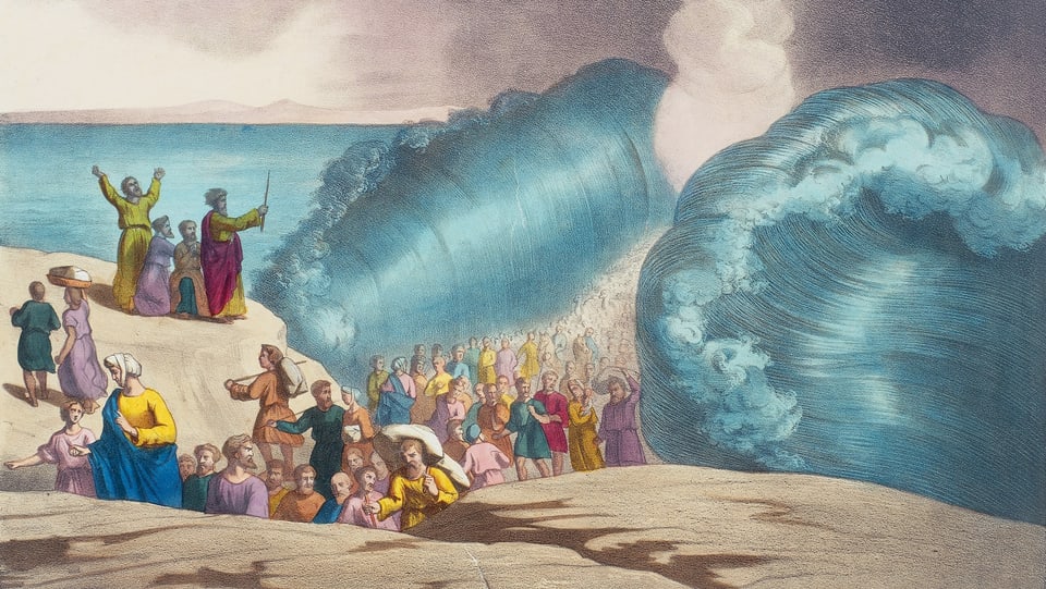 Eine Illustration zeigt Moses, der das Meer teilt.