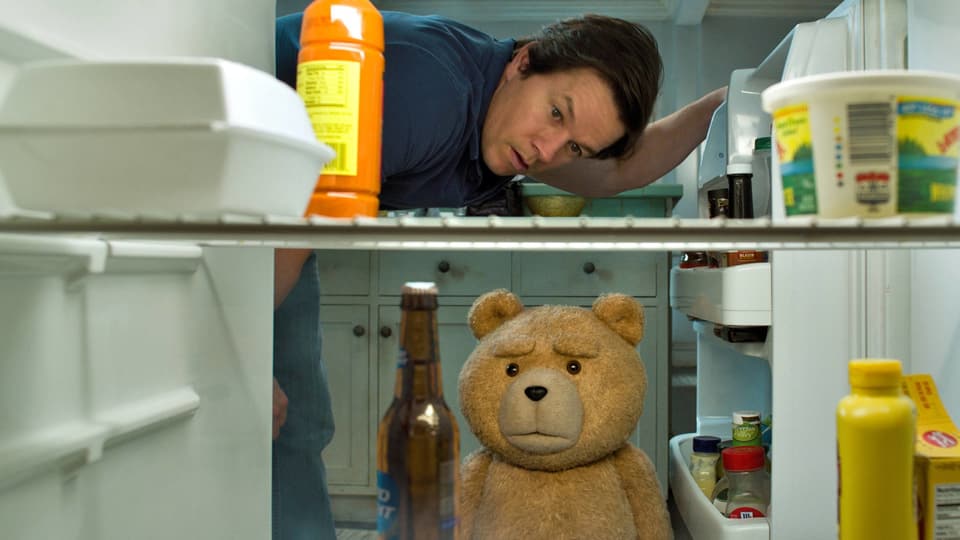 Blick aus dem Innern eines Kühlschranks. Im Kühlschrank steht in der Mitte eine einzelne Flasche Bier. Ein Mann und ein Teddy-Bär schauen in den Kühlschrank.
