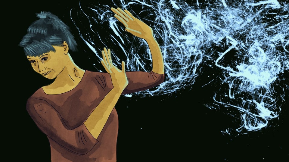Illustration einer Frau, die mit den Händen ein undefinierbares weisses Wolkengebilde abwert.