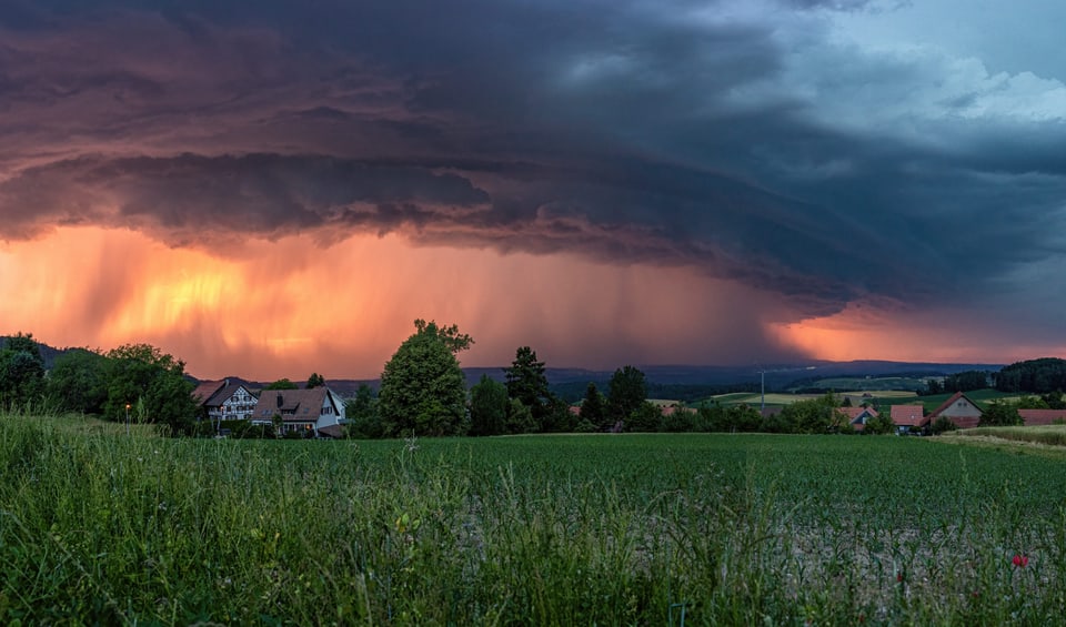 Buch am Irchel/ZH Gewitterwolke mit sichtbarem Regenvorhang über Schaffhausen.