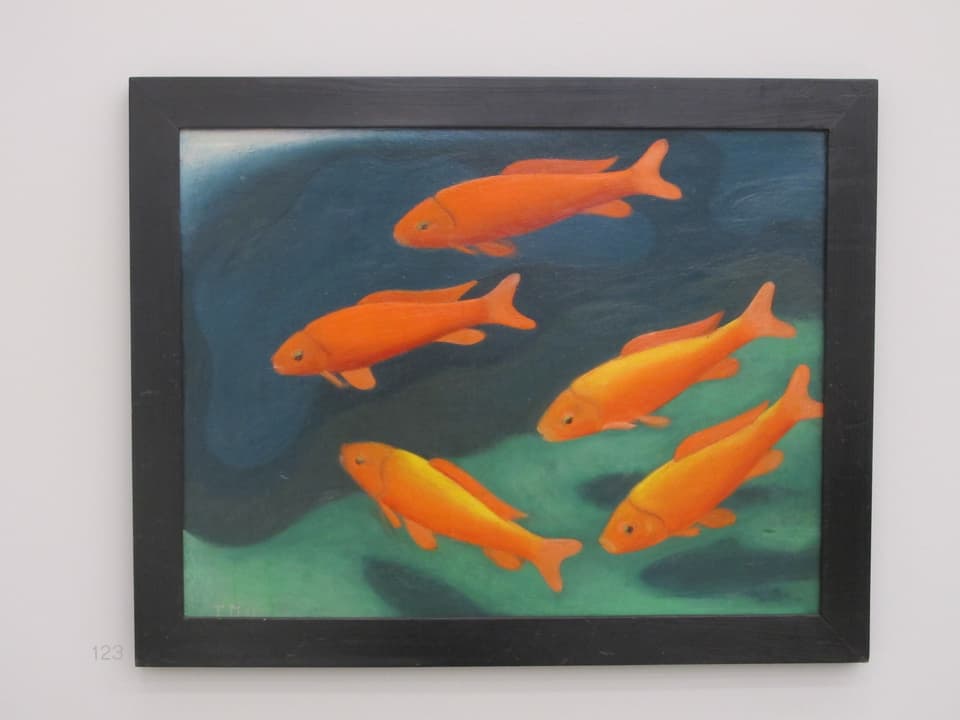 Ein Bild mit Goldfischen, gemalt in relativ grellen Farben.