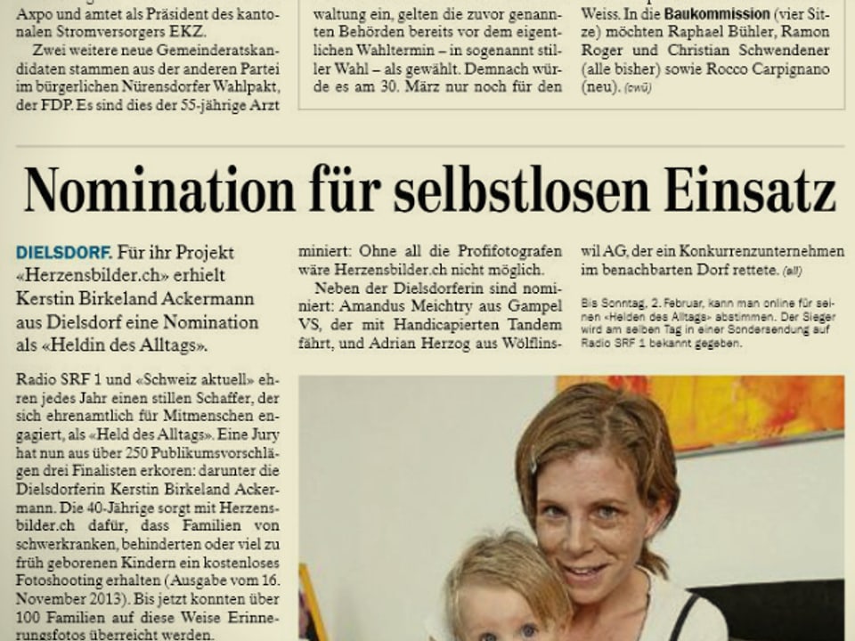 Zeitungsartikel vom «Zürcher Unterländer» am 29. Januar 2014.