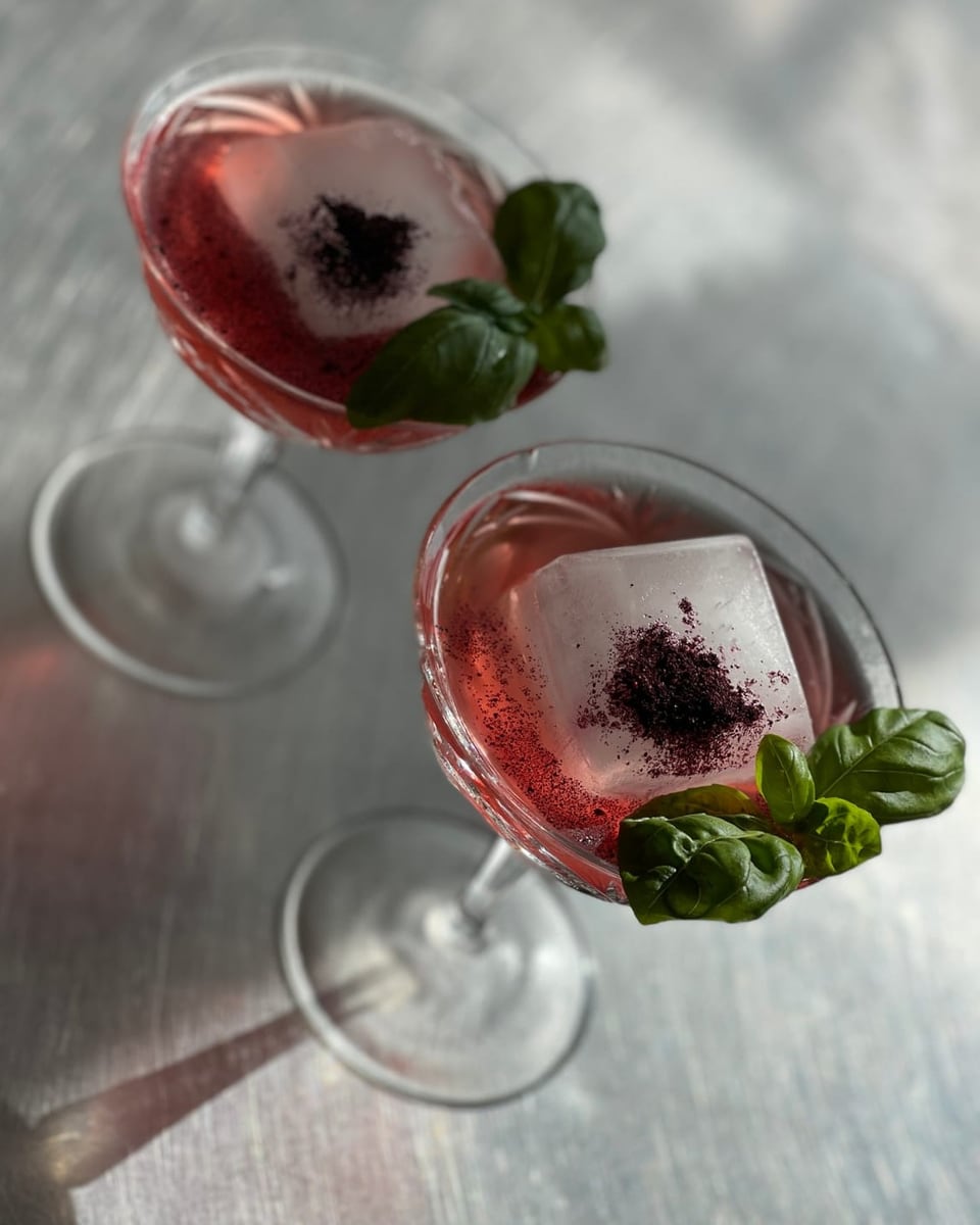 Ein Cocktail in rot und Basilikumblatt