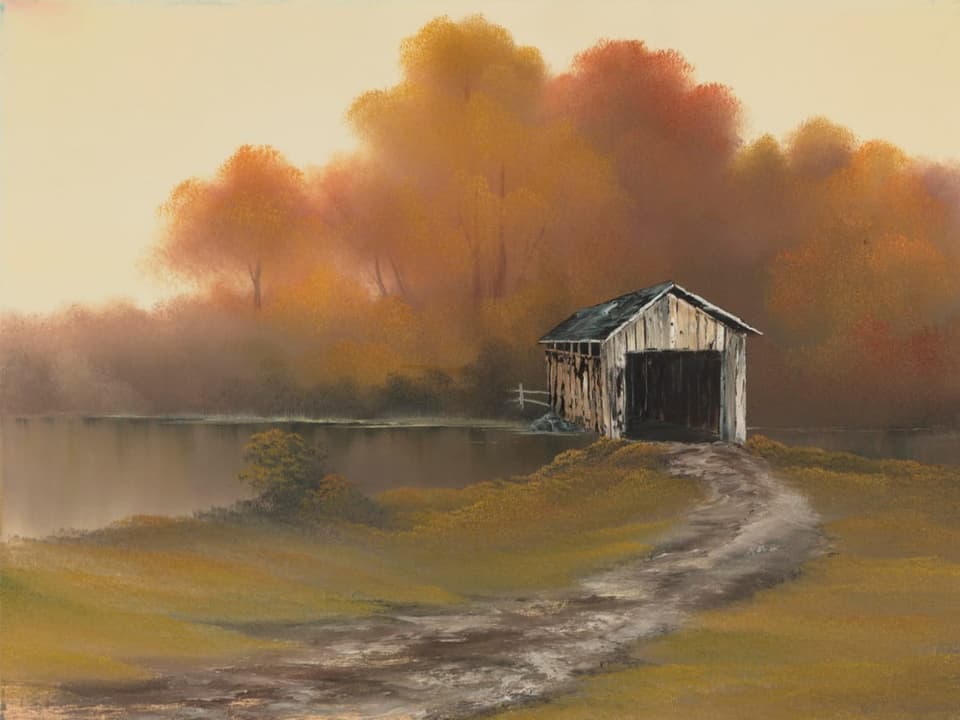 Gemälde_ Herbstlandschaft mit überdachter Brücke