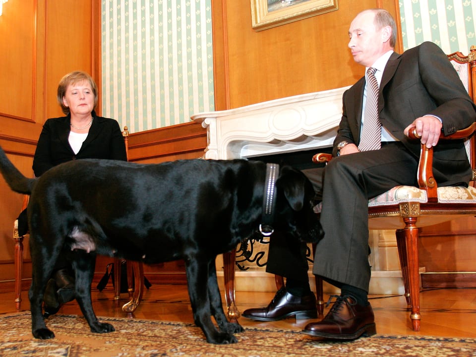 Angela Merkel und Wladimir Putin mit dessen Hund Cony. (21.1.07)