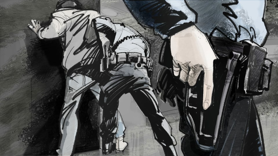 Illustration: Ein Mensch wird festgenommen, davor greift eine Hand zur Pistole