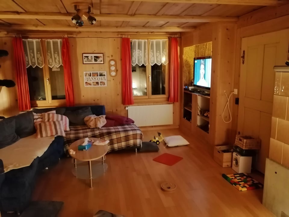 Wohnzimmer mit Holz, einem Kachelofen und zwei Katzen.