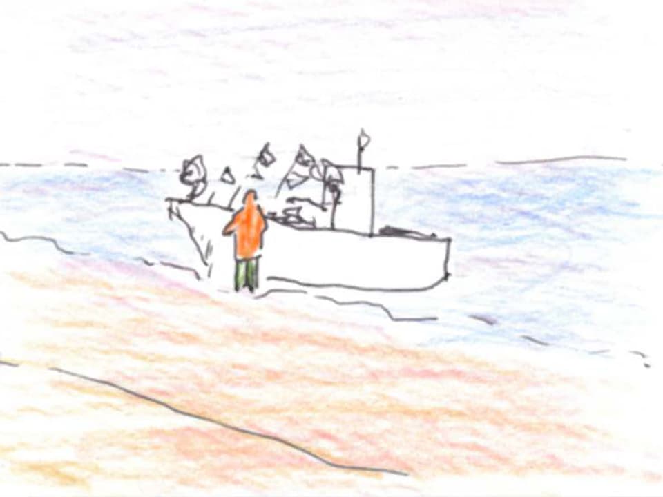 Zeichnung eines Menschen, der an einem Boot am Strand steht.
