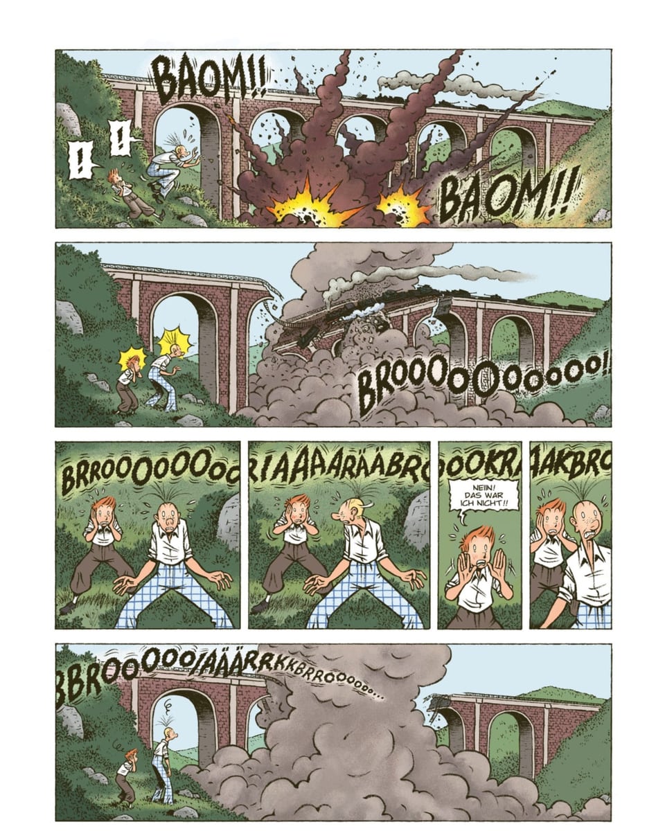 Comicseite: Eine Explosion auf einer Brücke, etwas weiter davor zwei Figuren, die erschrecken.