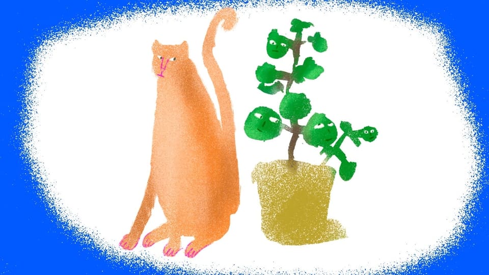 Illustration: Katze sitzt neben einer Topfpflanze