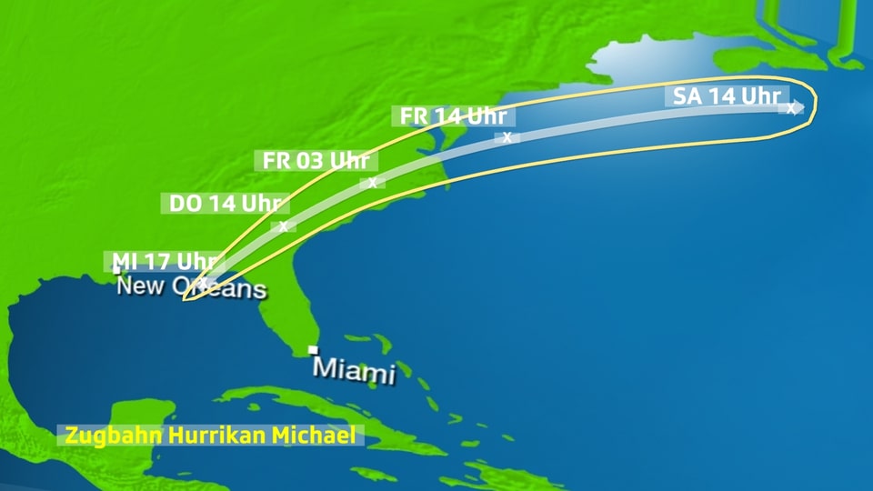 Auf der Nordamerikakarte dargestellte Zugbahn des Hurrikans Michael bis Samstag Mittag.