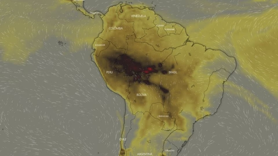 Die roten Flecken auf der Südamerika-Karte stellen sehr hohe atmosphärische Konzentrationen von Kohlenmonoxid (CO) dar.