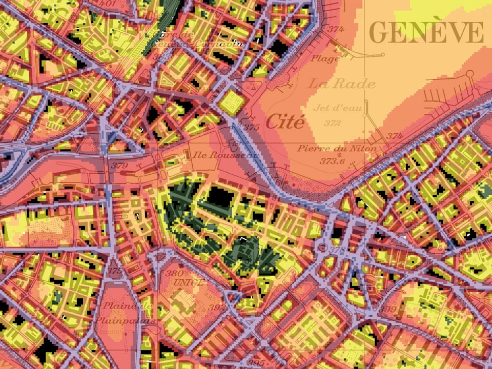 Dieser Ausschnitt aus der Lärmkarte des Bundes zeigt am Beispiel der Innenstadt von Genf, wie differenzierte Resultate moderne Lärm-Rechenmodelle liefern können.