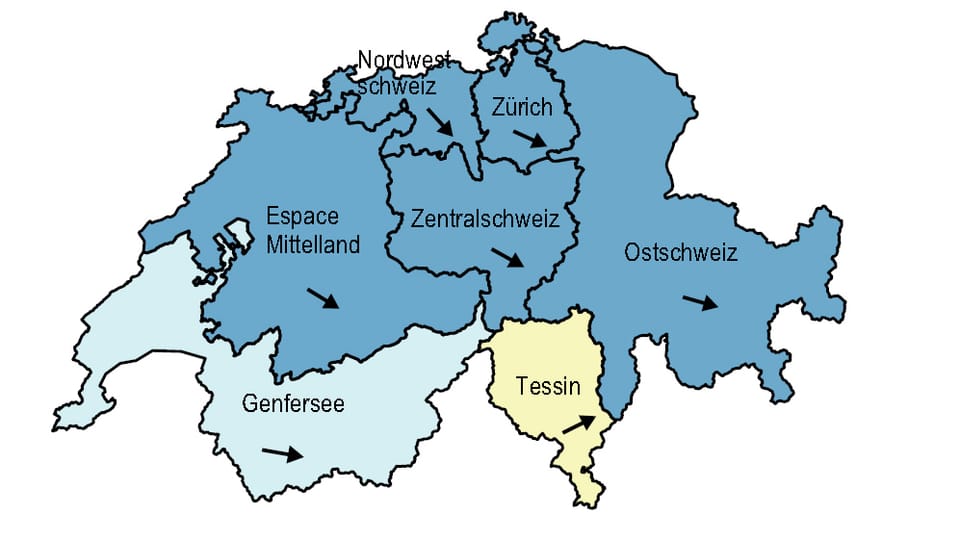 Schweizerkarte mit den Wirtschafts-Grossregionen.