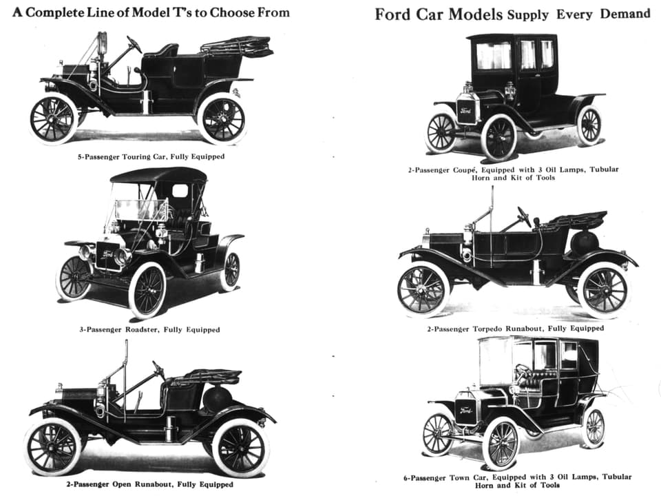 Historische Werbung mit den unterschiedlichen Ausführungen des Ford Modell T.