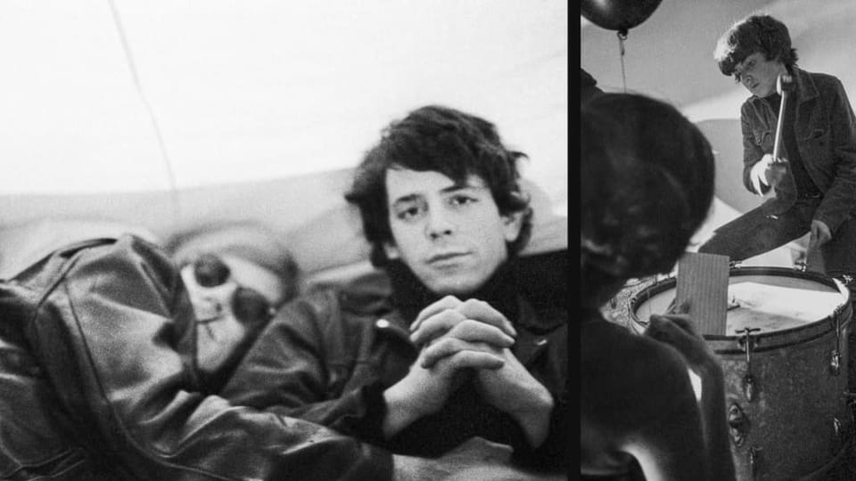 Collage mit zwei Schwarzweissbildern: Andy Warhol mit Lou Reed. Und ganz rechts: Schlagzeugerin Moe Tucker in Aktion.