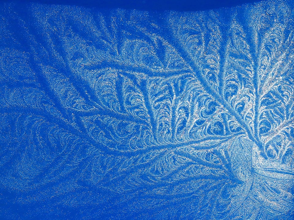 Eisblume am Dachfenster mit blauem Himmel als Hintergrund