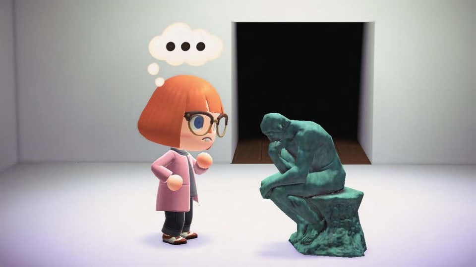 Eine Szene in einem Computerspiel – der Spielcharakter schaut eine Skulptur an, die sitzt und nachdenkt.