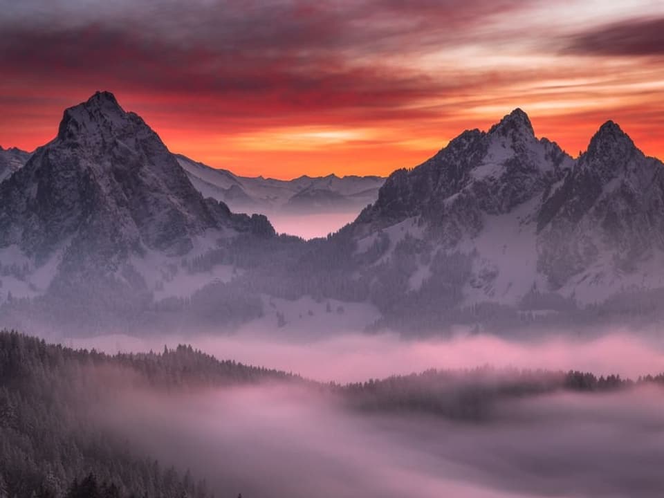 Blick auf zwei schroffe Berge, die aus Nebelschwaden ragen. Der Himmel leichtet rot über verschneiten Tannen.