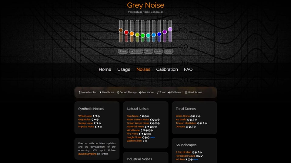 Screenshot der Homepage der Webseite myNoise