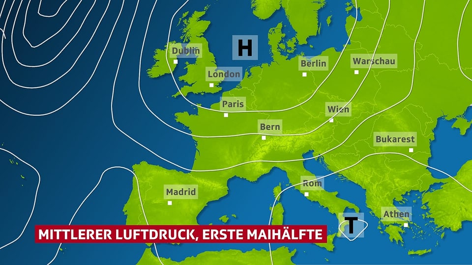 Europakarte die mittlerer Luftdruck in der ersten Maihälfte zeigt.