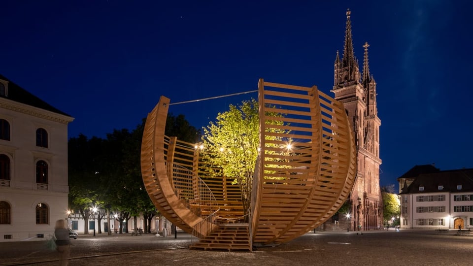 Menschen in einer Arena aus Holz um einen Baum herum