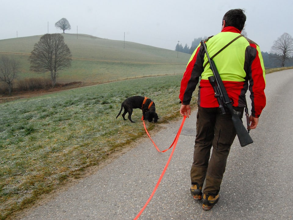 Wildhüter folgt seinem Hund an der langen Leine.