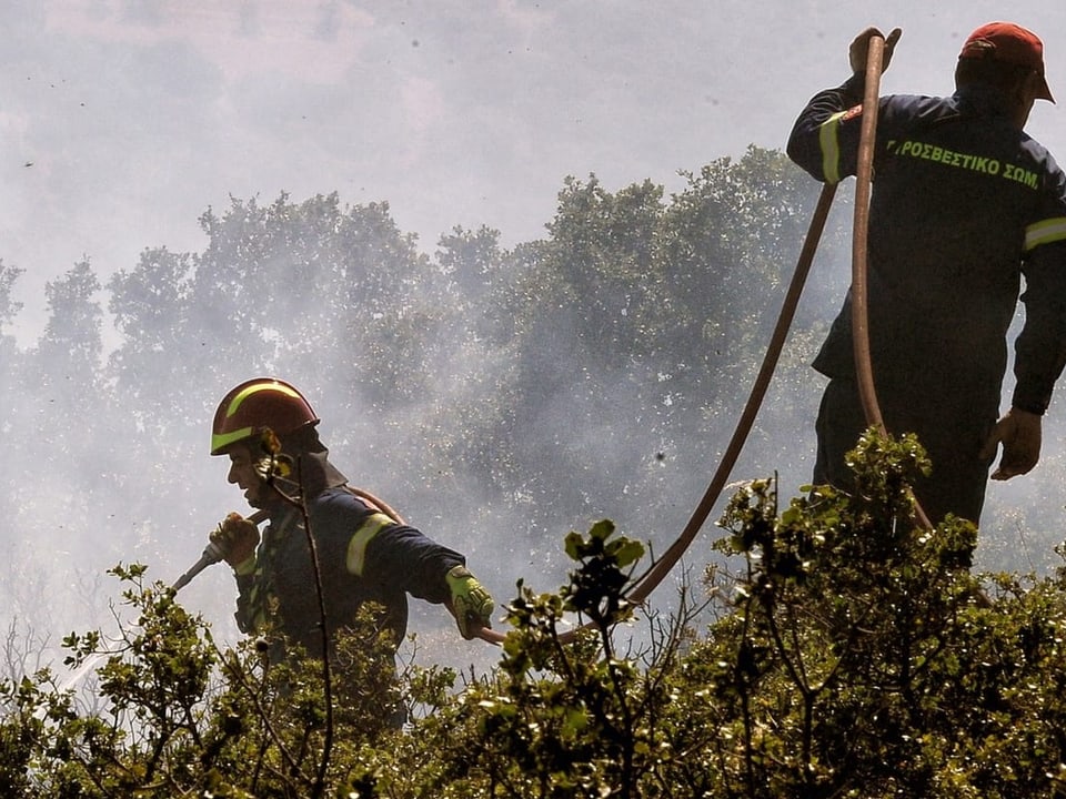 Feuerwehrleute bekämpfen am 5. Juli einen Waldbrand in Griechenland.