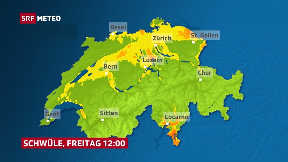 Karte der Schweiz: Gelb und orange eingefärbt sind die schwülen Regionen.