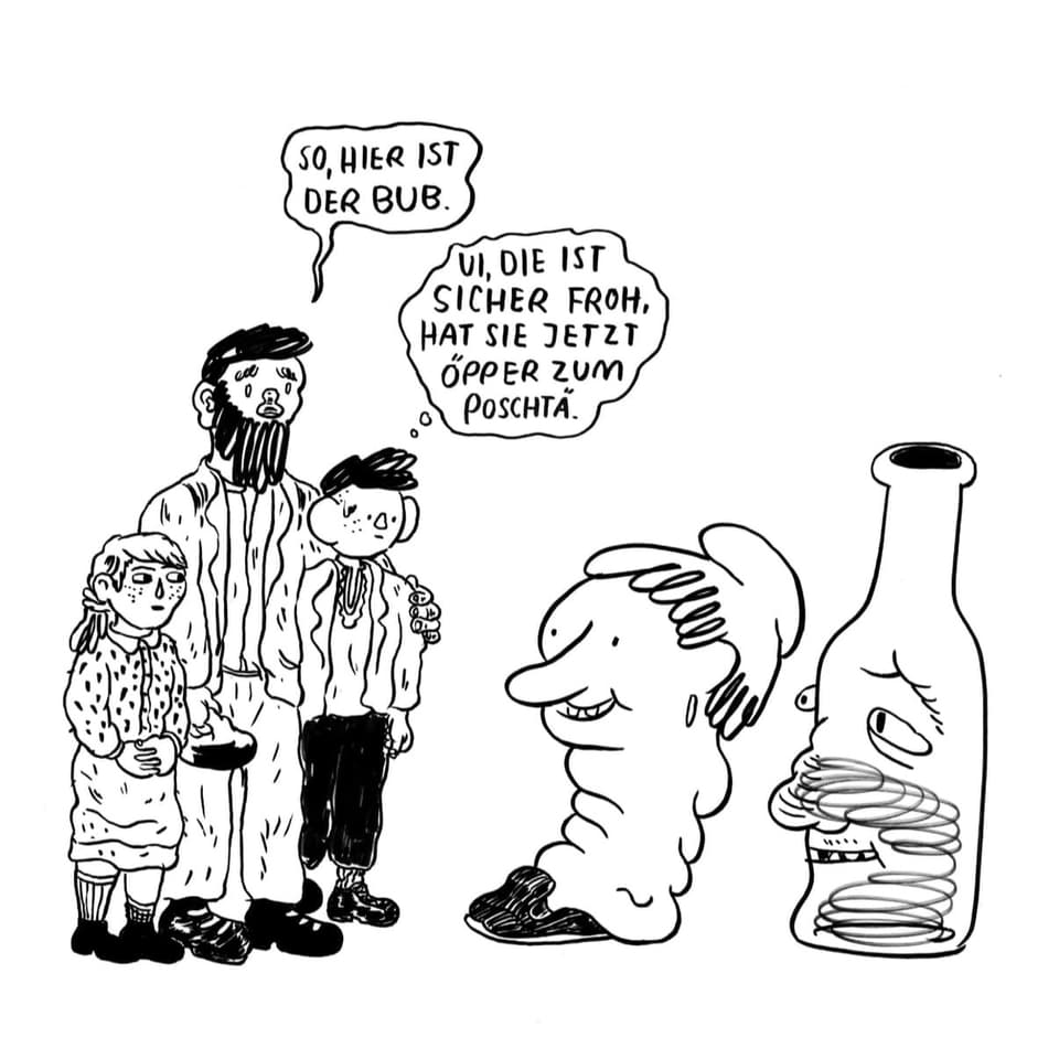 Szene aus dem Comic: Die Eltern eines Verdingbubes stellen diesen einem Bauernpaar vor.