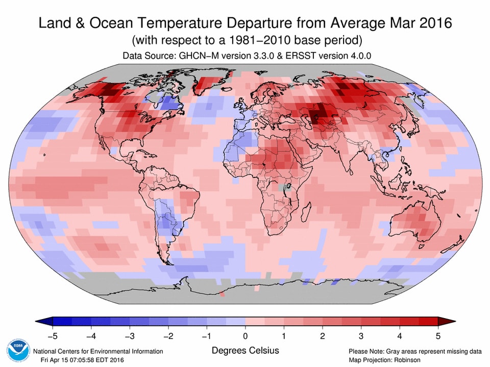 Globale Karte mit Rottönen. Rekordwärme im März.