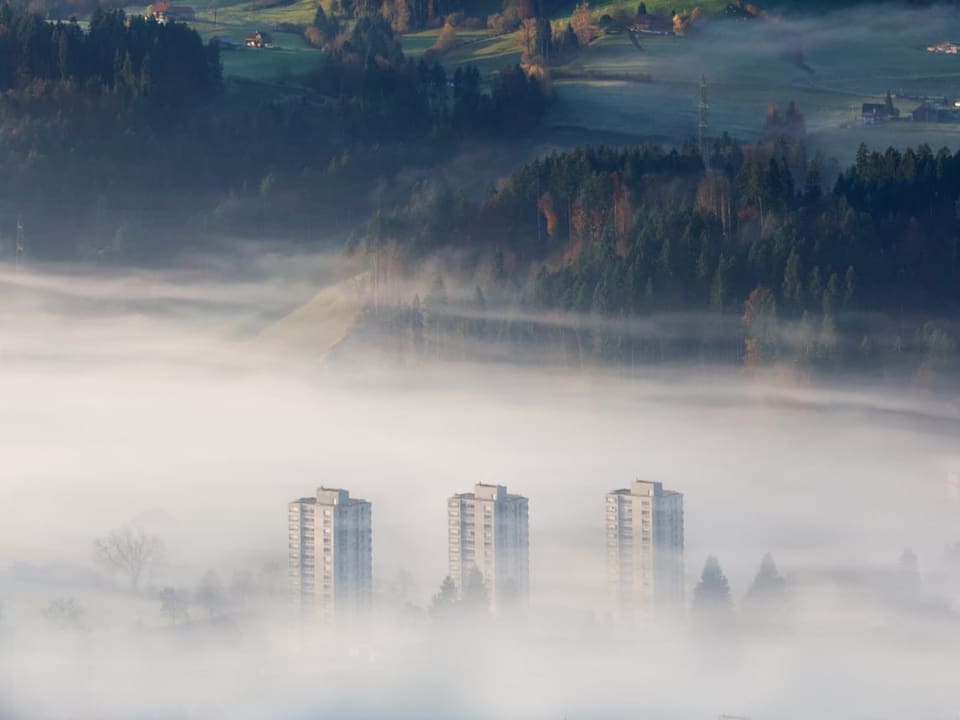 Wolkenkratzer, die aus dem Nebel ragen.
