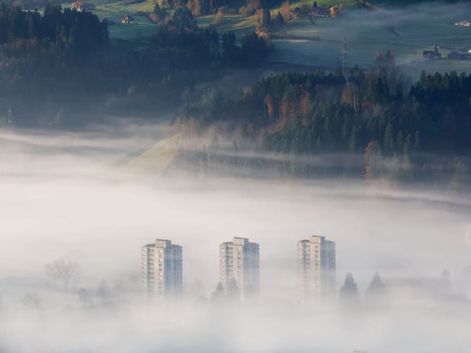 Wolkenkratzer, die aus dem Nebel ragen.