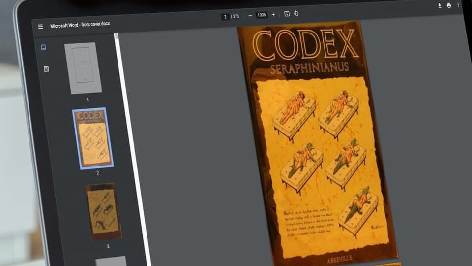 Bildschirmfoto eines PDF: Orange Titelseite zu sehen. Zwei nackte, ineinanderverschlungene Menschen werden zum Krokodil.